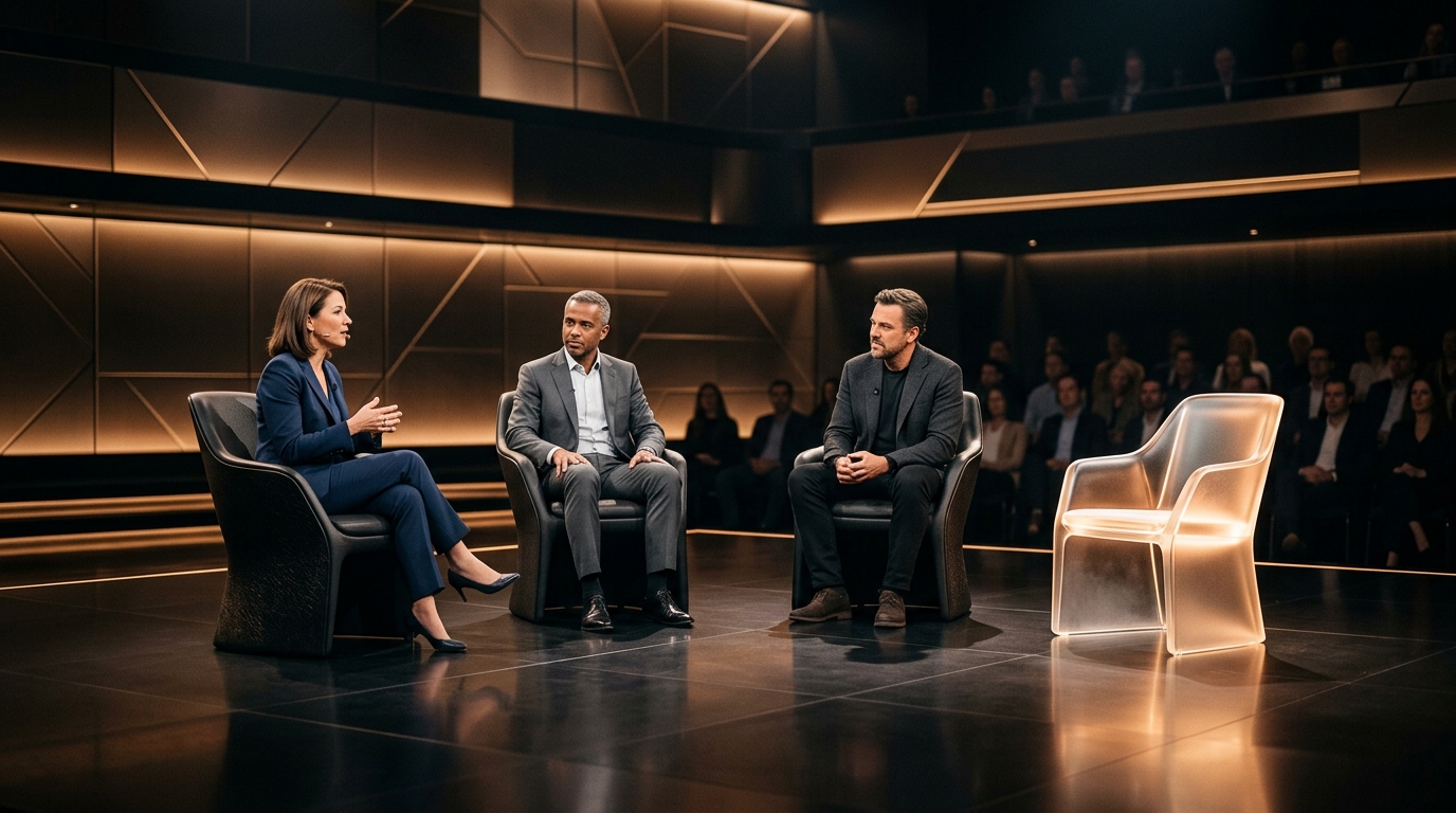 PM Talk Stage — 3 Chairs + Empty Chair